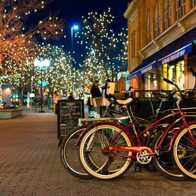 Urban area with colorful bikes parked near The Towne at Northgate Apartments in Colorado Springs, Colorado