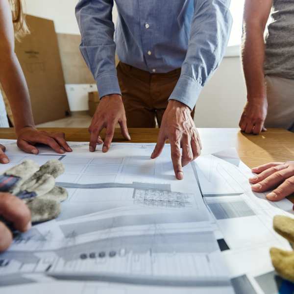 Team members looking at construction documents at Waldron Enterprises in Murfreesboro, Tennessee