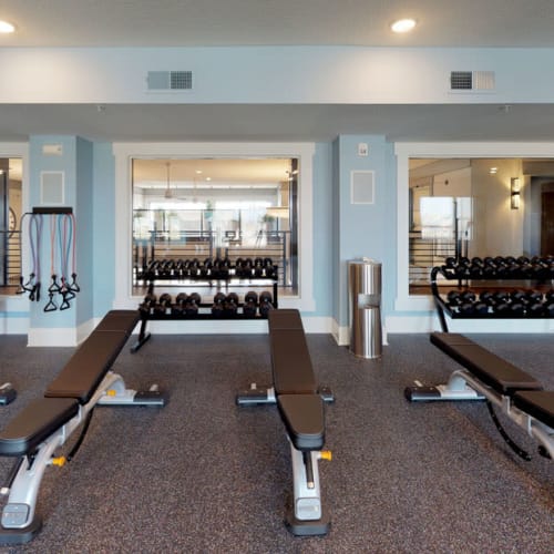 Exercise equipment in the fitness center at Attivo Trail Waukee in Waukee, Iowa