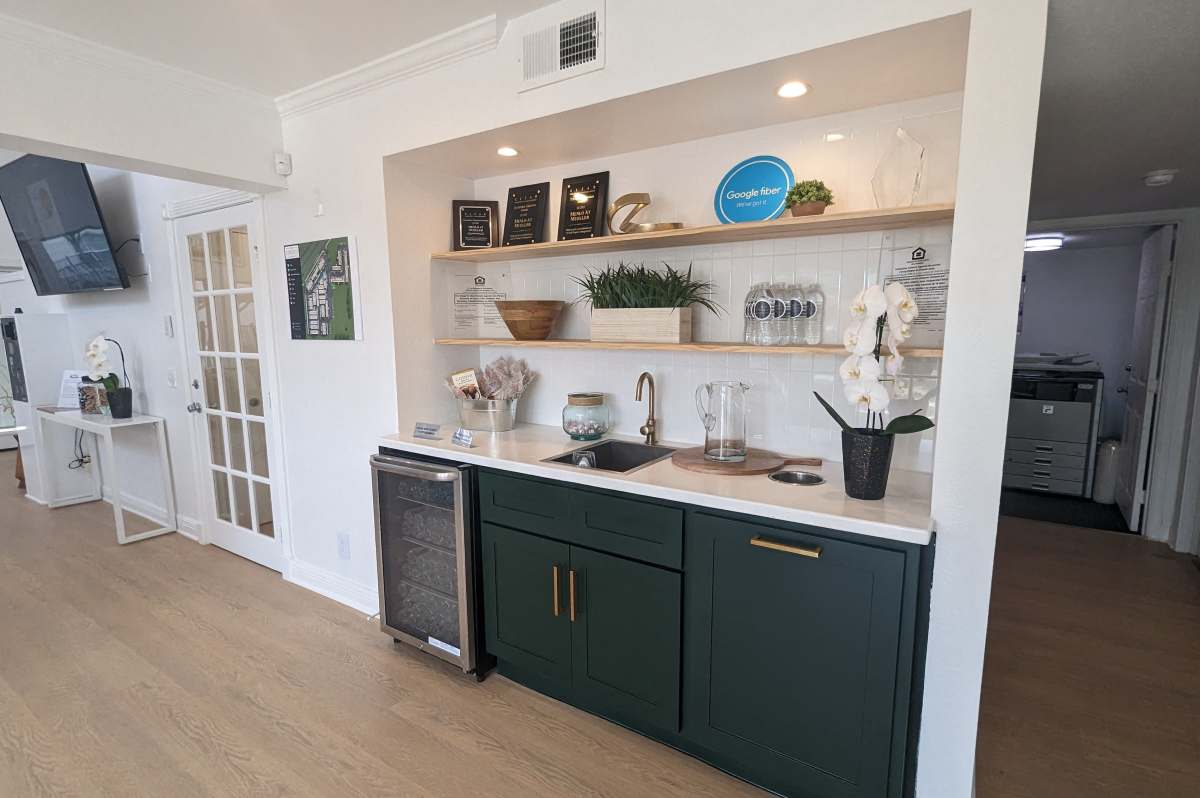 Charming modern kitchen with sleek green cabinetry and elegant decor at Sangria Park in Austin, Texas.
