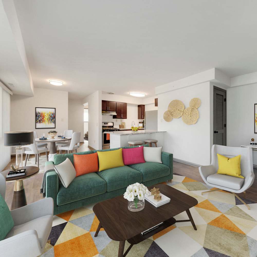 Open concept living spaces at Parkside Landing Apartments in Rockville, Maryland