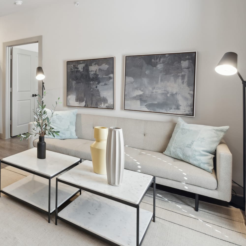 Sofa and coffee table in a model living room at Radius Wolf Ranch in Georgetown, Texas