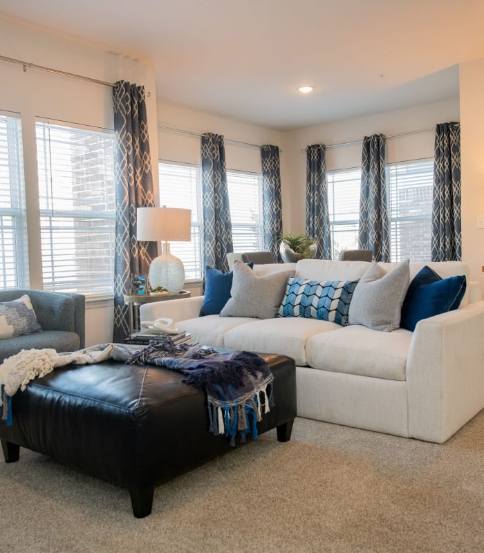 Carpeted living room at Center 301 Apartments in Belton, Missouri