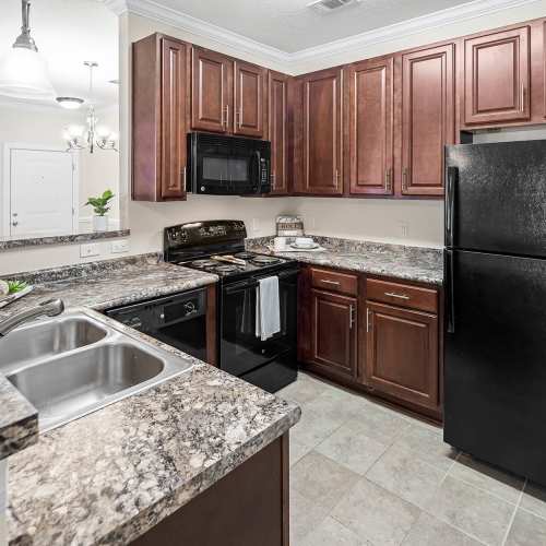 Fully equipped kitchen with granite countertops stainless steel appliances like a refrigerator, stove, and drawer microwave at Avalon At Sweeten Creek in Arden, North Carolina