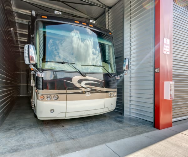 A large RV in a storage unit at Storage Works RV and Boat in Vancouver, Washington