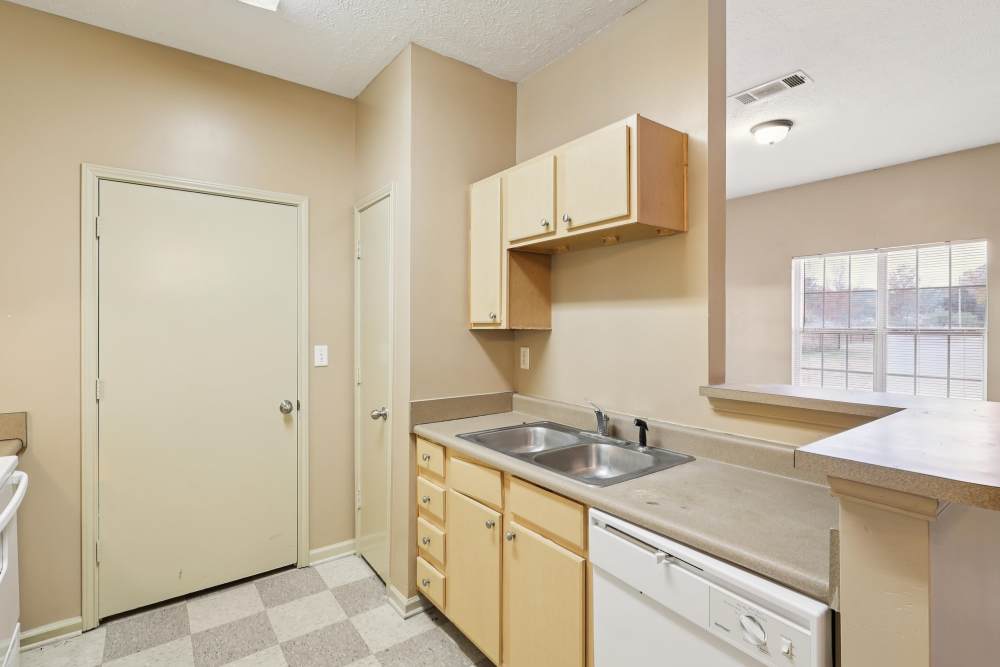 Kitchen with stainless-steel appliances and raised countertop at Camden Park in Canton, Mississippi