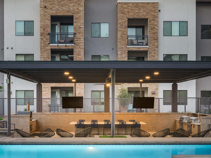 Luxury resort-style pool and cabanas at Soltra at San Tan Village in Gilbert, Arizona