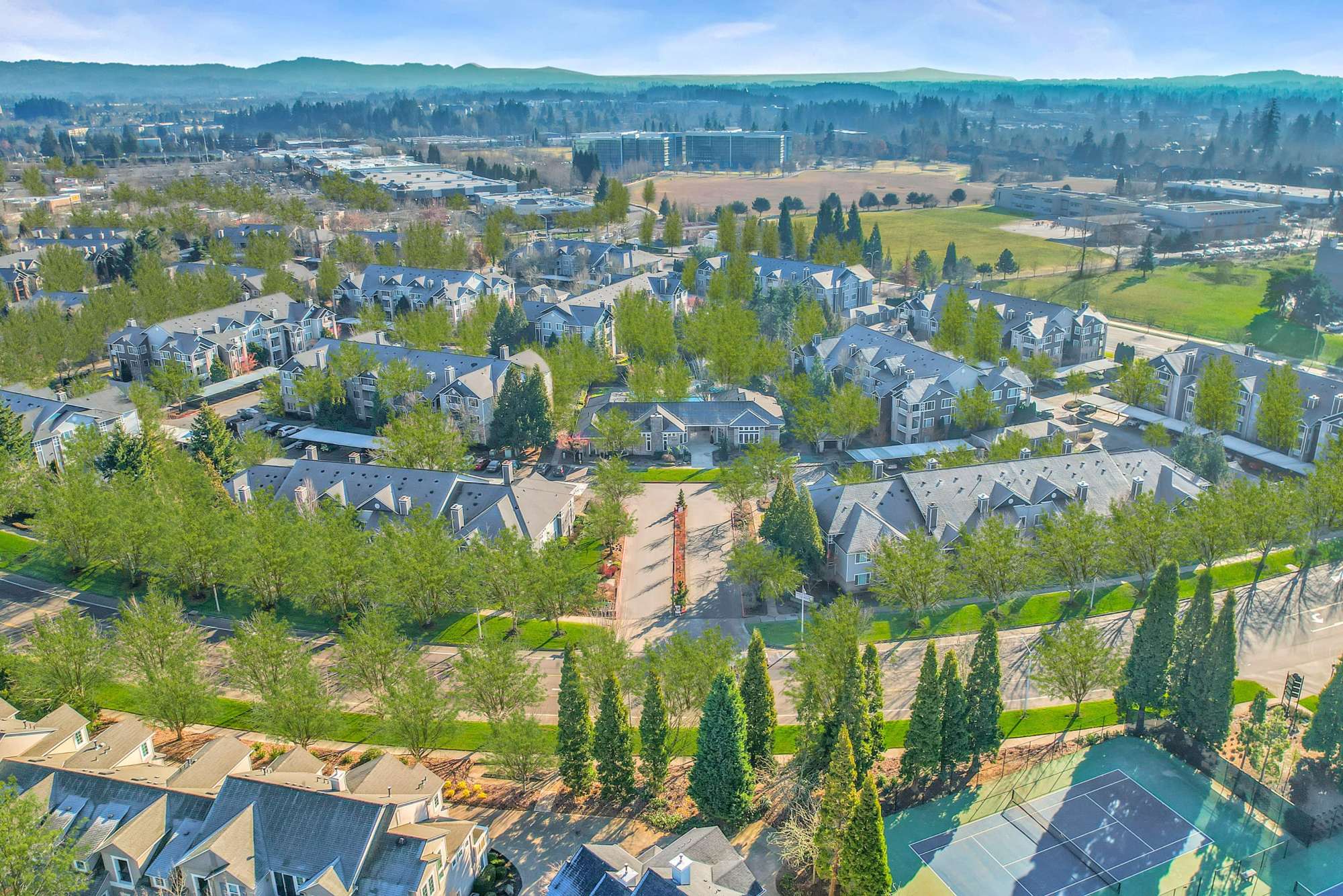 An aerial view of apartments at The Grove at Orenco Station in Hillsboro, Oregon