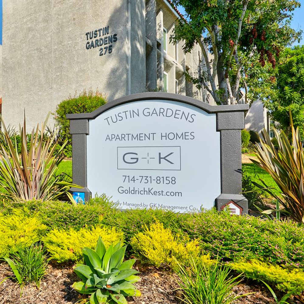 Property signage at Tustin Gardens in Tustin, California