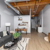Modern furnishings in a model apartment's living room at Box Board Lofts in Grand Rapids, Michigan