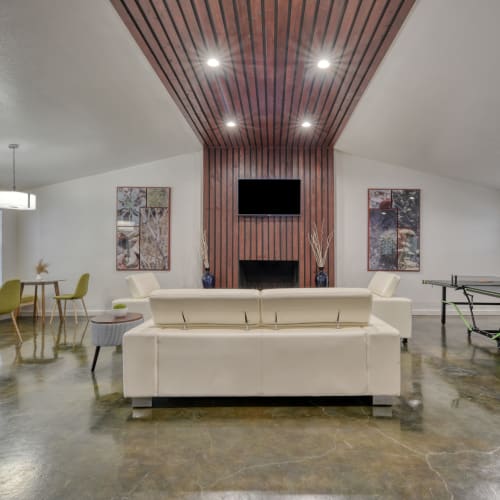 Fireplace in the clubhouse at The Sage at 1955 in San Antonio, Texas