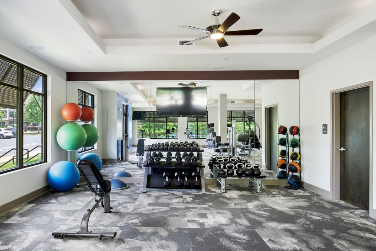 Fitness center with workout machines at Lantower Waverly in Charlotte, North Carolina