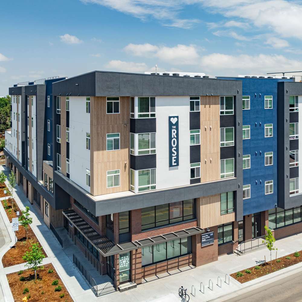 Building exterior at street level at The Rose on Colfax in Denver, Colorado
