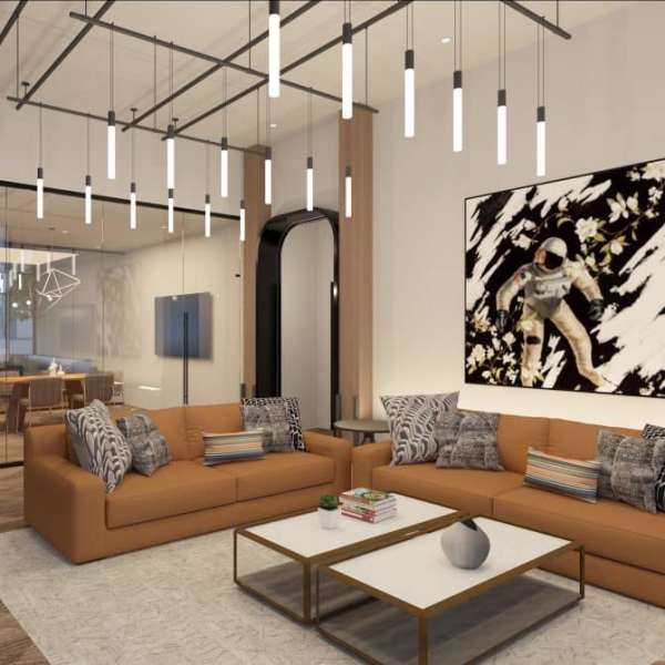 Community living area with modern finishes at Grand Peaks in Denver, Colorado