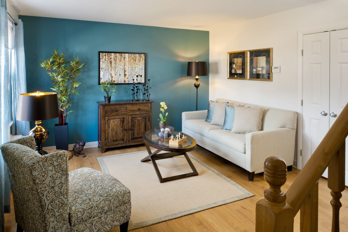 Living room at model home at The Fairways in Worcester, MA