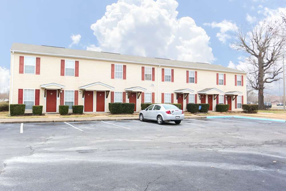Exterior view of apartment building at Landmark Apartments in Chesapeake, Virginia