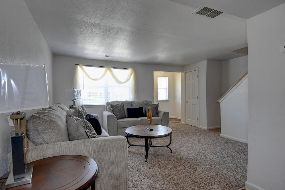 Living room with plush carpeting at Mariner's Watch in Norfolk, Virginia