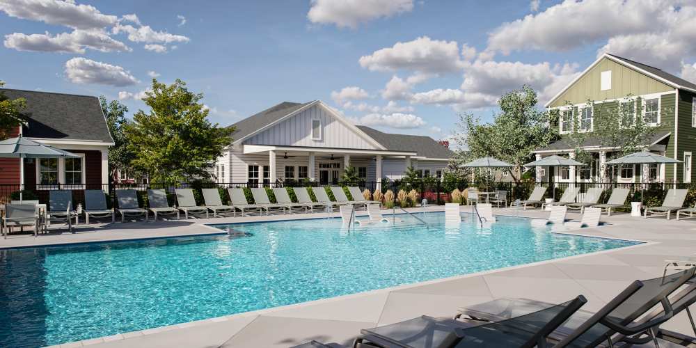Lots of green spaces surrounding the apartments at pet friendly homes for rent build to rent community Hamlet Falling Creek in Midlothian, Virginia