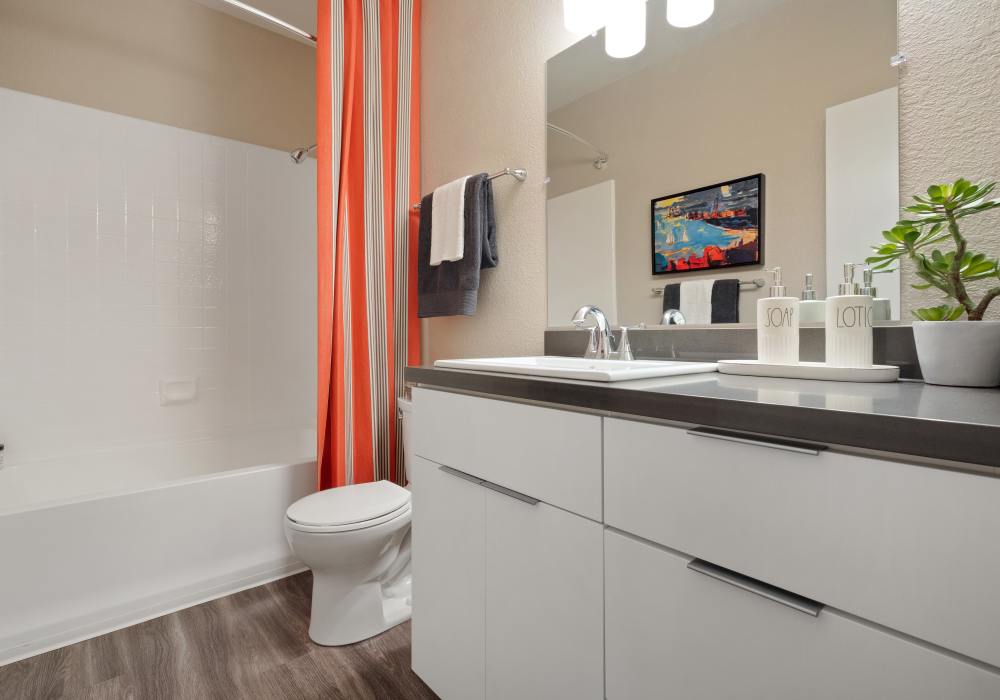 Bright bathroom with large mirror and endant lights at Cotton Wood Apartments in Dublin, California,