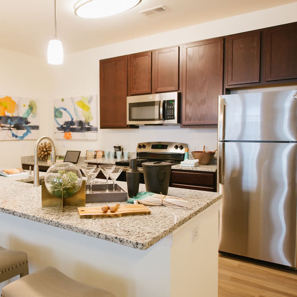 Kitchen with stainless-steel appliances and granite counters at Beacon on 5th in Charlottesville, Virginia