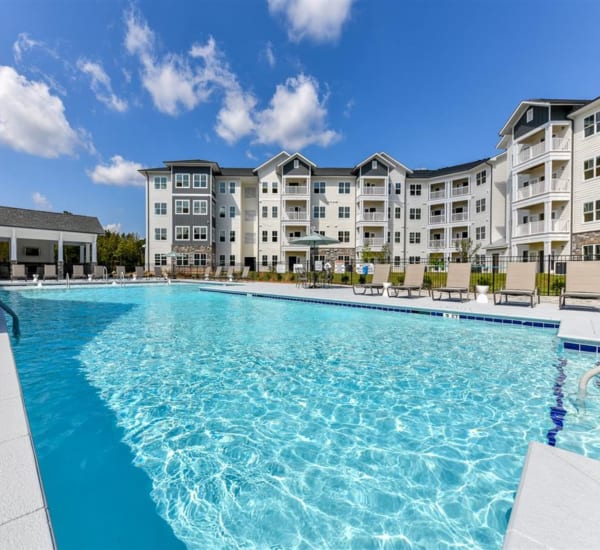 The resort-style swimming pool and spa at The Station at Brighton in Grovetown, Georgia