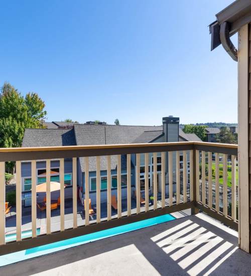 Balcony with view of buildings at Foundry on Fifth in Renton, Washington