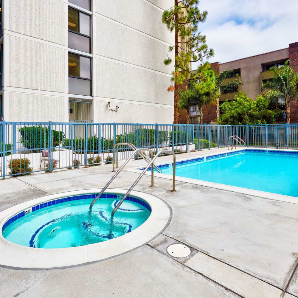 Tranquil swimming pool at Columbia Tower in San Diego, California,