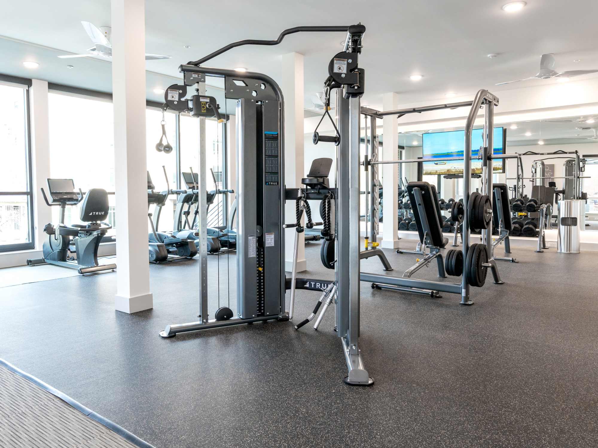 Weights in the comprehensive fitness center at Terrazzo in Durham, North Carolina