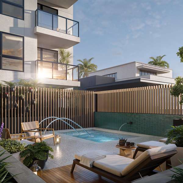 Modern patio featuring small pool at Treehouse in San Diego, California
