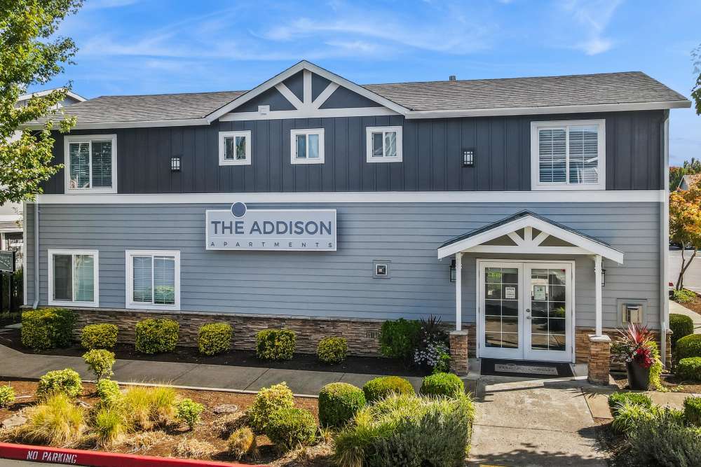 Exterior of the leasing office at The Addison Apartments in Vancouver, Washington