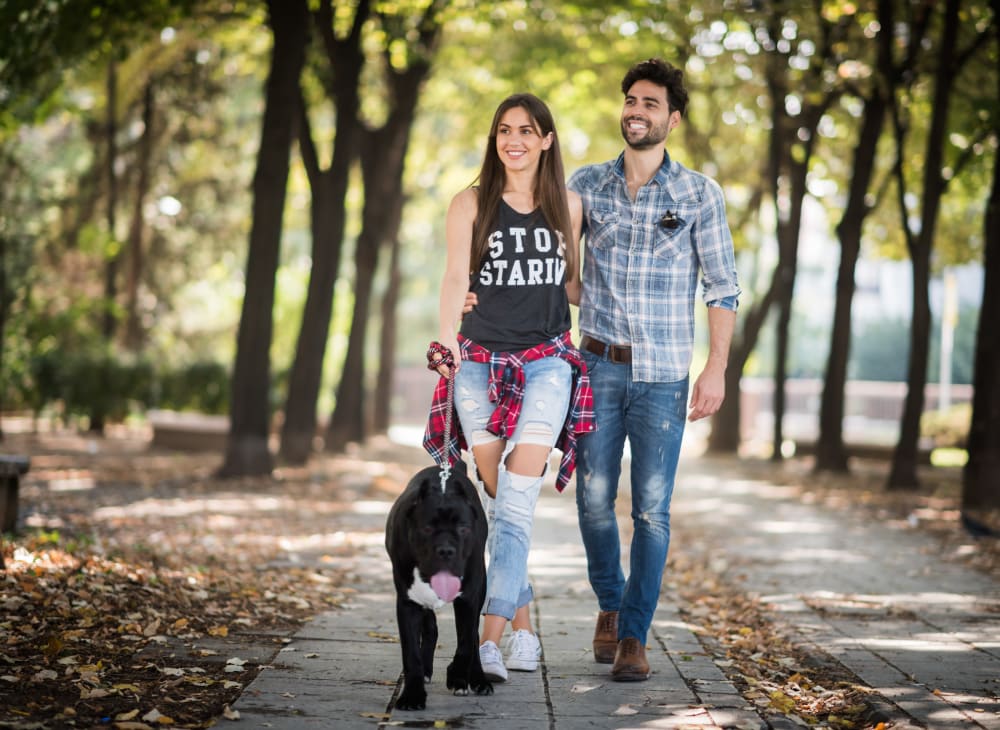 A couple walks their dog near Jefferson SoLA in South Gate, California