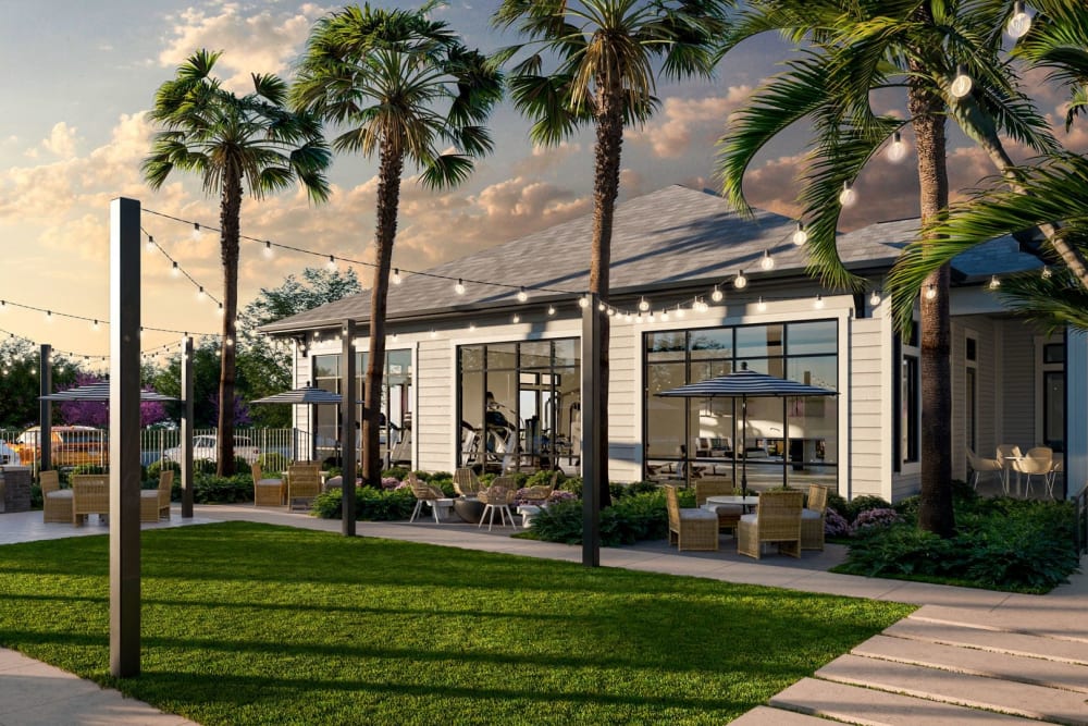Meticulous landscaping outside clubhouse at Elevate Navarre in Navarre, Florida