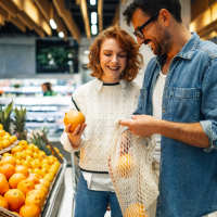 Oranges in a grocery store display at The Billie in Baltimore, Maryland