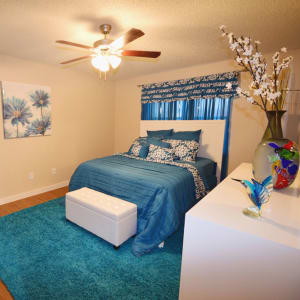 Model master bedroom with ceiling fan at Buffalo Ridge in Princeton, Texas