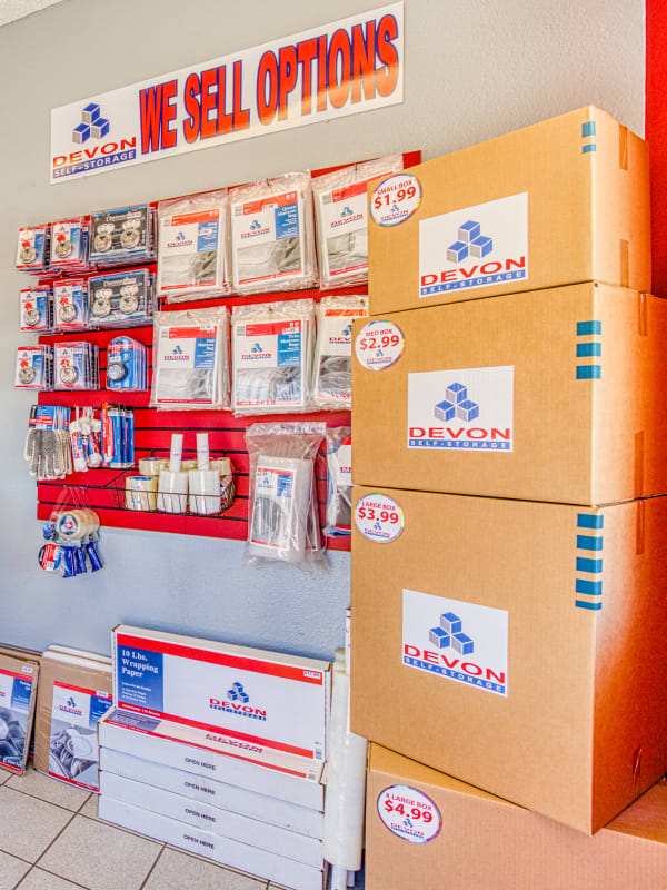 Variety of packing and moving supplies at Devon Self Storage in Apple Valley, California
