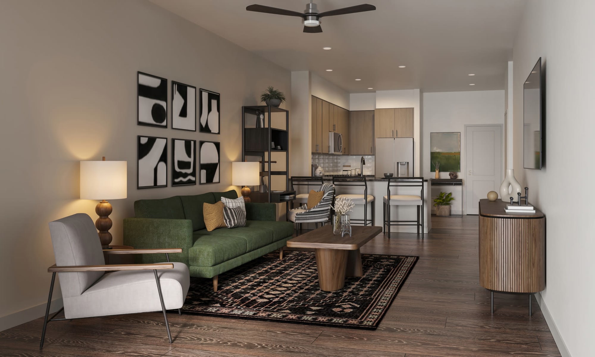 Living room into kitchen at Alexan Park West in Peoria, Arizona
