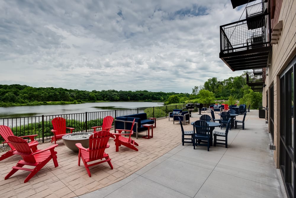 The clubhouse deck with a view of the river at Lake Jonathan Flats in Chaska, Minnesota
