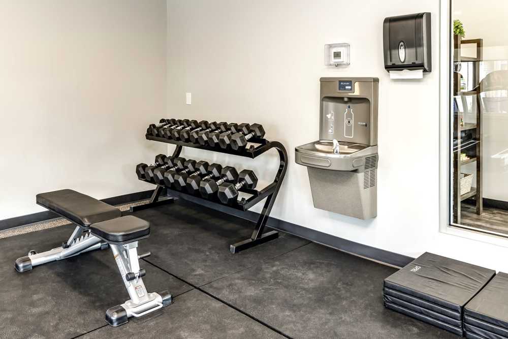 Free weights at The Falgrove Apartments in Omaha, Nebraska