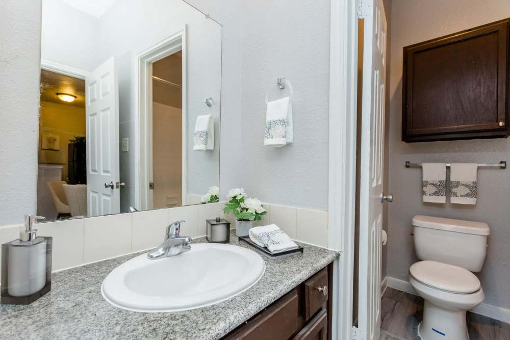 Bathroom with vanity unit and commode at Green Tree Place in Houston, Texas