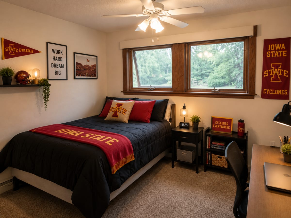 Cozy bedroom with a twin bed, desk, and decorative Iowa State memorabilia at South Oak in Ames, Iowa