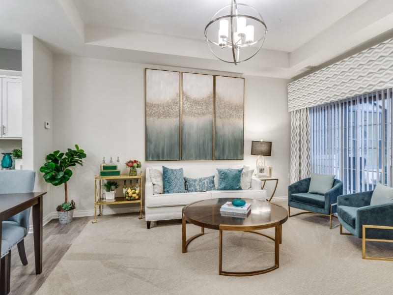 Model living room at Blossom Ridge in Oakland Charter Township, Michigan