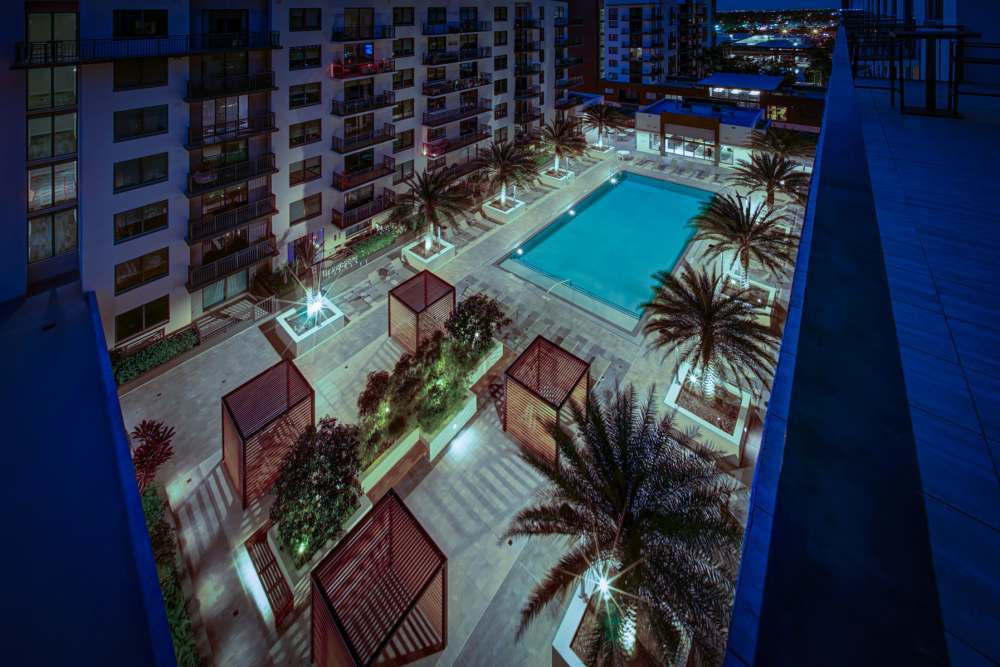 Swimming pool at dusk at EON Squared in Fort Lauderdale, Florida