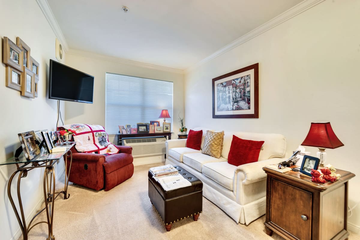 Senior living apartment living room at Kirkwood Orange in Orange, California