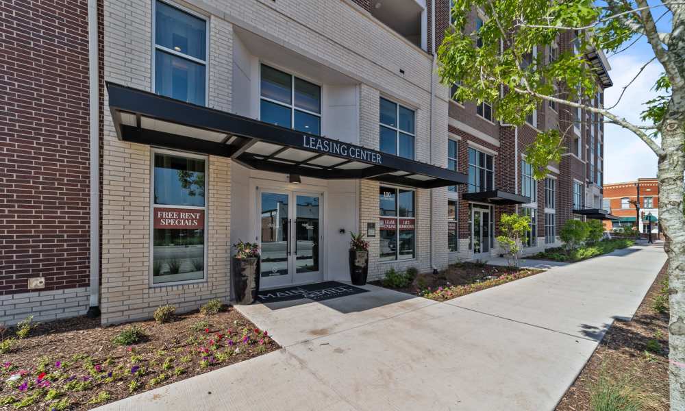 Front view of the property leasing center at Main and Mill in Lewisville,Texas
