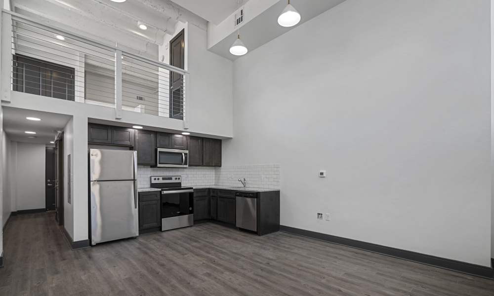 View of kitchen at The Lofts at the Municipal in Lafayette, Louisiana