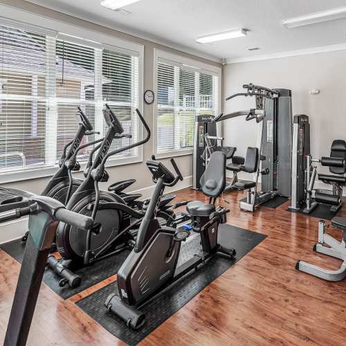 Fitness center at Avalon At Sweeten Creek in Arden, North Carolina