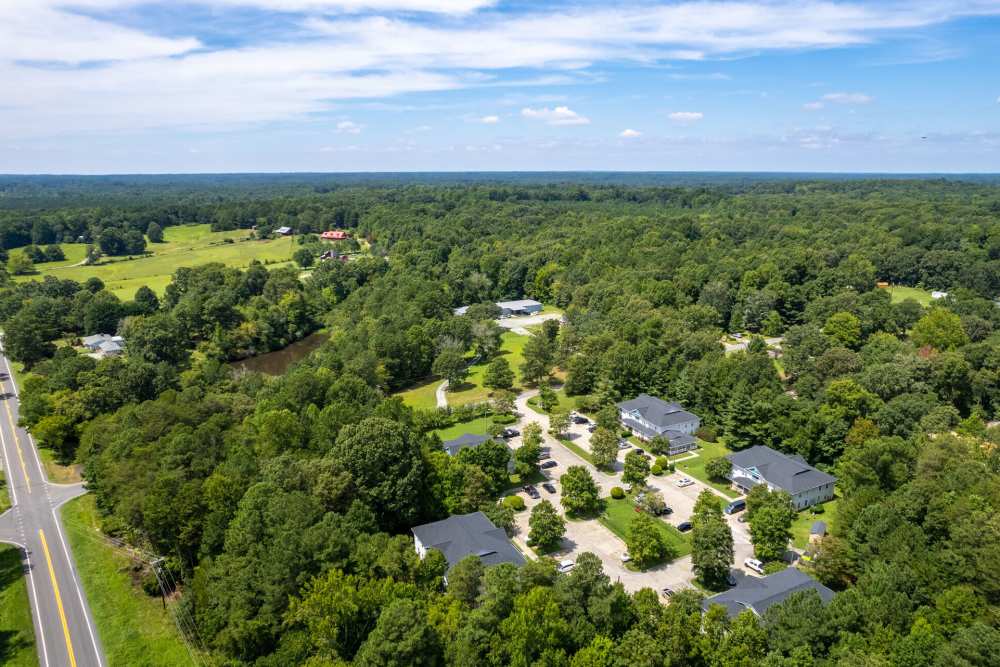 Aerial view of community area at West Village Apartments in Hillsborough, North Carolina