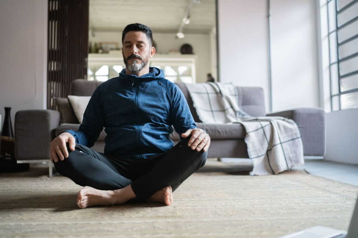 A resident meditates in his room at Bay on 6th, Santa Monica, California