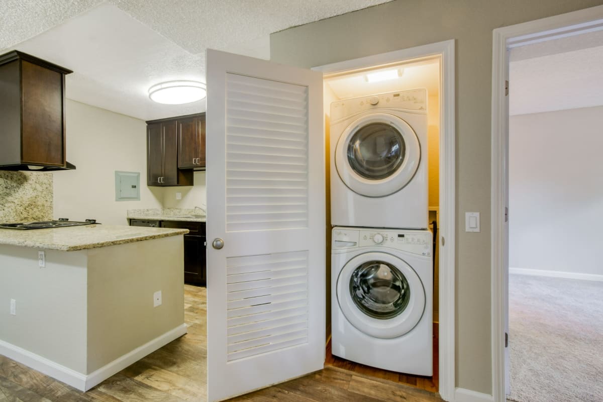 Washer and dryer in an apartment at Rancho Luna Sol, Fremont, California