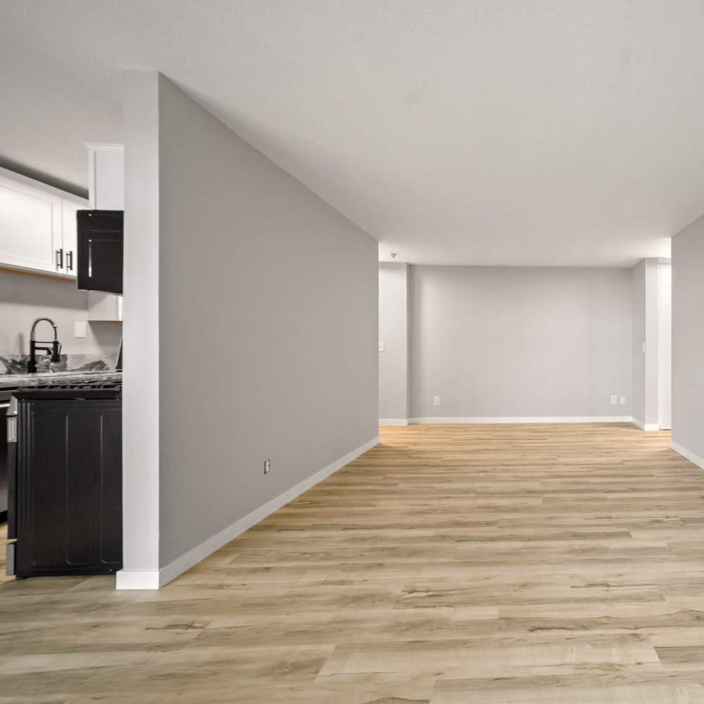 Living area beside the kitchen at Morada in Crystal, Minnesota
